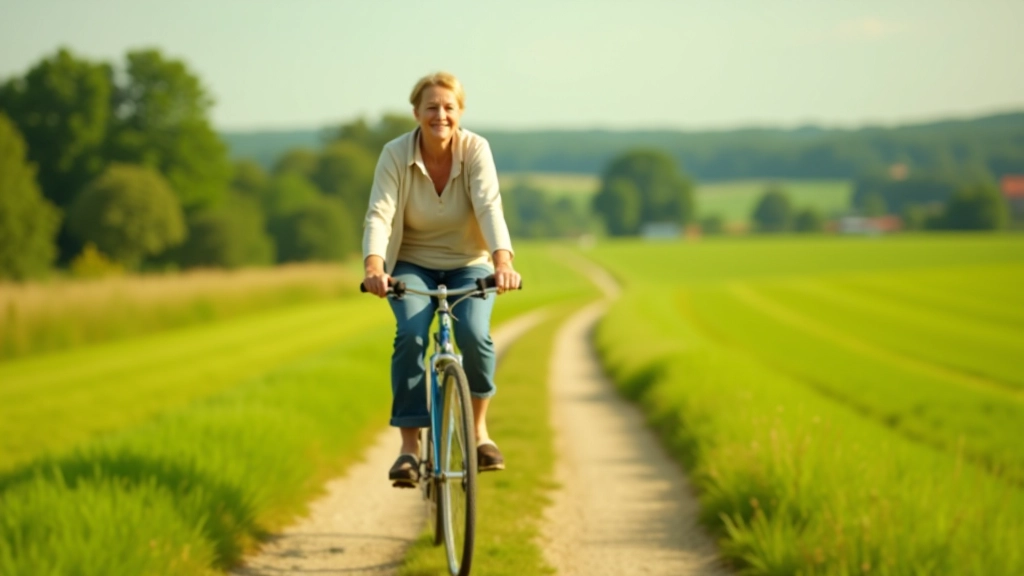 Seniorė dviračiu keliasi per žalią pievą Rumšiškių apylinkėje